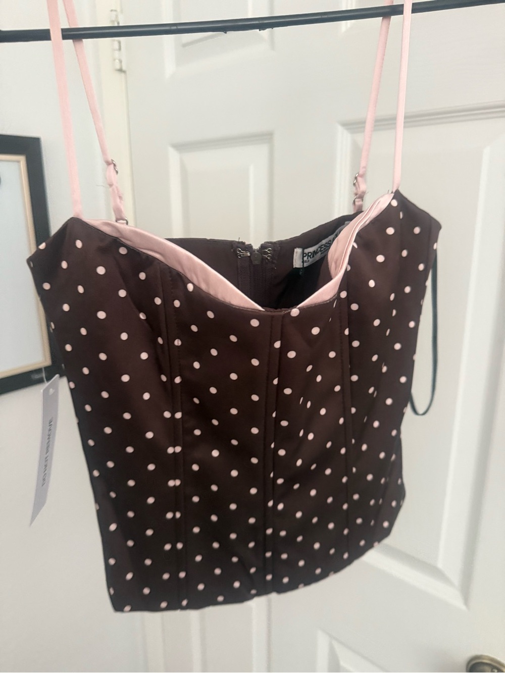 Princess Polly Brown Polka Dot Bustier with Pink Trim